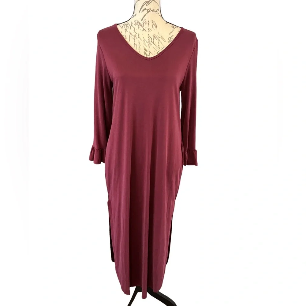 NWT Jodifl Burgundy Long sleeves Dress Boutique Size Small Pockets Midi Casual - Picture 2 of 15